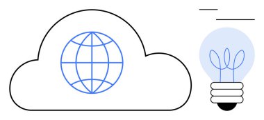 Globe inside cloud symbolizing connectivity and technology, paired with a light bulb featuring plant sprouts for eco-friendly innovation. Ideal for technology, sustainability, cloud computing