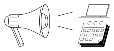 Megaphone projecting sound waves toward a laptop and a calendar, symbolizing announcements, digital communication, marketing, scheduling, business organization, event planning, and project