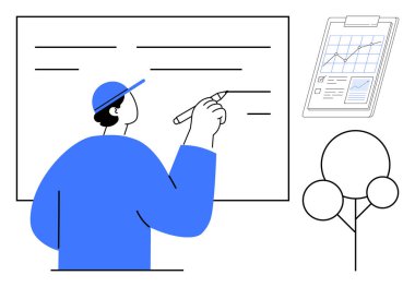 Person in cap taking notes on whiteboard, clipboard with analytics, and tree symbol. Ideal for education, teamwork, planning, analytics, productivity strategy and brainstorming. Simple flat