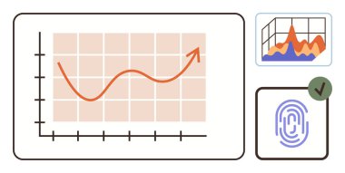 Growth chart with upward trend, fingerprint verification, and analytic graph. Ideal for business, security, analysis, verification, growth innovation efficiency. Clean simple flat metaphor