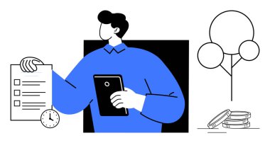 Person holding a tablet and checklist with a clock, stack of coins, and abstract tree. Ideal for time management, financial planning, productivity, organization, investment, goal setting simple flat