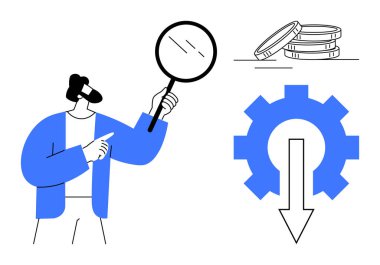 Man examines with magnifying glass, coins signifying finance, gear and downward arrow symbolizing process decline. Ideal for business, analysis, economy, process, research, strategy simple flat