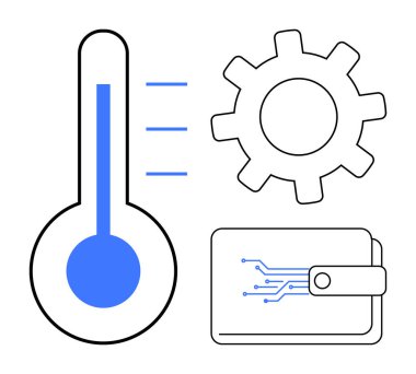 Thermometer indicating temperature, gear symbolizing automation, and digital wallet with circuit pattern. Ideal for technology, fintech, innovation, automation, energy efficiency, engineering simple