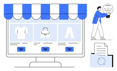 Digital storefront on monitor displaying apparel options, shopping carts, and files with update loop icon. A person carries a bulb concept. Ideal for e-commerce, innovation, shopping, digital