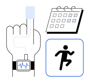 Finger with pulse sensor, smartwatch tracking heart rate, calendar for planning, and activity icon for fitness. Ideal for health tracking, exercise planning, wellness, technology, sports goals