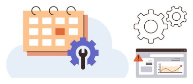 Calendar with a gear overlay, gears in motion, and a data dashboard with a warning sign. Ideal for planning, workflow, efficiency, data management, process improvement, productivity operational