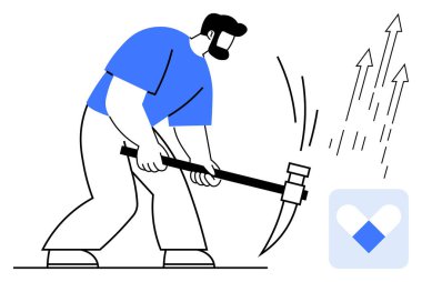 Man using a pickaxe to shatter obstacles, symbolizing effort, progress, and dedication. Ideal for resilience, hard work, growth, ambition problem-solving challenges and self-improvement. A simple