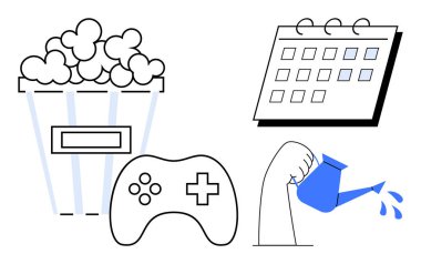 Popcorn bucket, game controller, watering can with spray, and calendar planners. Ideal for hobbies, entertainment, relaxation, creativity recreation scheduling work-life balance. Simple flat