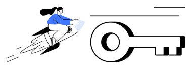 Woman on a rocket moving rapidly towards a large key, representing ambition, unlocking potential, and goals. Ideal for themes of success, innovation, leadership, opportunity, growth productivity