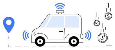 Self-driving car with radar waves, GPS marker, and falling coins, illustrating smart mobility, navigation, innovation, transportation, cost optimization sustainability future technology. Clean flat
