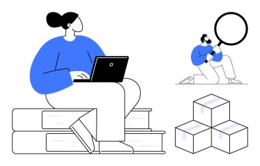 Woman seated on books with laptop, man examining boxes with a magnifying glass. Ideal for education, research, analysis, study, logistics, problem-solving inspection themes. Simple flat metaphor