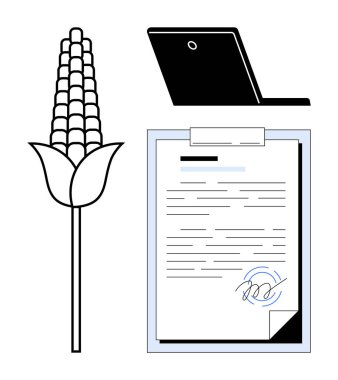 Corn plant, laptop, and signed document clipboard symbolizing agriculture, digital agreements, and technology integration. Ideal for farming, agribusiness innovation, agreements, digital