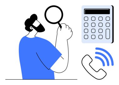 Man holding magnifying glass explores, with calculator and ringing phone nearby. Ideal for research, analysis, communication, problem-solving, business, consulting and inquiries. Simple flat
