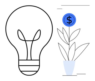 Light bulb symbolizes creativity, beside a money plant growing with a dollar sign. Ideal for innovation, growth, finance, business, investment, sustainability and entrepreneurship themes. Simple