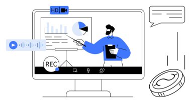 Speaker presenting charts on video call with recording, audio, and messaging tools displayed. Ideal for education, teamwork, remote work, virtual learning, digital marketing, communication