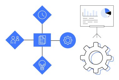 Stylized process design with a document connected to icons of teamwork, clock, gear, light bulb, and presentation board. Ideal for workflow, planning, project management, innovation collaboration