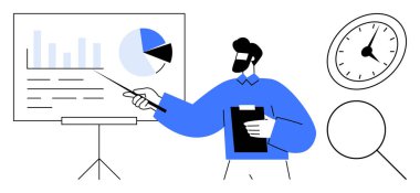 Man with clipboard pointing at graphs and pie chart on whiteboard, analyzing data for performance review. Ideal for business, analytics, teamwork, presentation, strategy, education, leadership