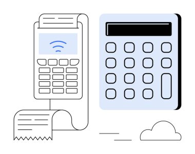 Payment terminal with a receipt and wireless connectivity icon next to a basic calculator. Ideal for small business, e-commerce, finance, bookkeeping, accounting, retail, expense tracking. Simple