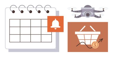 Calendar with notification, quadcopter hovering, shopping basket with growth chart and coin. Ideal for scheduling, e-commerce, technology, logistics, marketing finance online retail. Minimalist