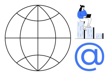Globe symbolizing worldwide network, icon for digital communication, and woman on bar graph with laptop. Ideal for technology, communication, internet, data, logistics, business education themes