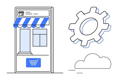 Mobile storefront with striped awning and shopping cart icon, gear symbol for settings, and cloud illustration. Ideal for e-commerce, technology, digital solutions, cloud services, mobile apps
