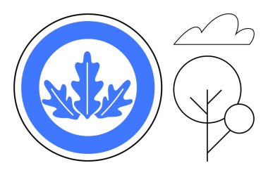 Blue oak leaf emblem, geometric tree and cloud in outlined abstract style. Ideal for sustainability, eco-awareness, conservation, environment-friendly branding, minimalistic art, modern design