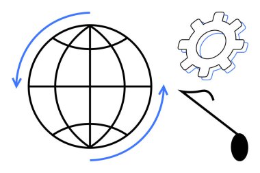 Globe with surrounding arrows, gear symbol, and needle represents globalization, innovation, processes. Ideal for business, technology, sustainability, collaboration development global reach