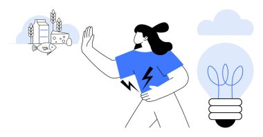 Female figure holding stomach while avoiding dairy, fish, and gluten light bulb with sprouting plants symbolizes sustainable ideas. Ideal for health, sustainability, allergy awareness, conscious