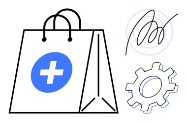 Shopping bag with cross, abstract swirl, and gear cogwheel suggesting healthcare, solutions, e-commerce, innovation, services, technology and systems. Ideal for healthcare shopping service