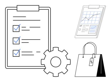 Checklist on clipboard, analytics report on clipboard, gear, and shopping bag with price tag. Ideal for business planning, workflow, task organization, analytics shopping marketing retail. Simple