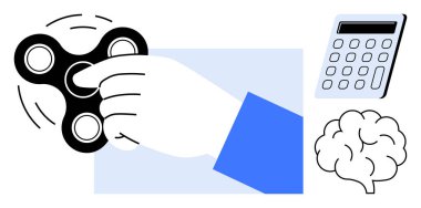 Hand spinning fidget spinner with calculator and brain in modern style. Ideal for focus, productivity, concentration, stress management, creativity, problem solving, and mindfulness. Simple flat