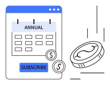 Digital calendar labeled annual with subscribe button and falling coins representing payment. Ideal for subscription services, finance, planning, budgeting, e-commerce, investment, and automation
