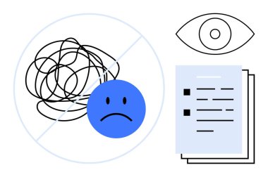 Blue sad face, crossed-out scribble, eye icon, and organized documents symbolize clarity, focus, mental health, stress relief, organization productivity and emotional well-being. Ideal