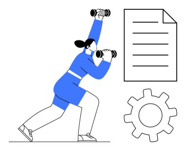 Woman lifting dumbbells in a lunge position, document, and gear. Ideal for wellness, fitness, productivity, determination, goal setting personal growth and work-life balance. Simple flat metaphor