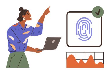 Woman pointing at fingerprint scan with green approval check, holding a laptop, next to an orange data graph. Ideal for technology, security, identification, biometrics, data analytics, privacy