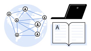 Network of connected users over the globe with laptop and book. Ideal for communication, education, knowledge sharing, collaboration, e-learning, globalization, teamwork. Simple flat metaphor