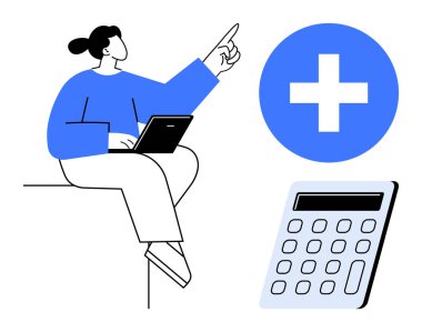 Woman working on a laptop while pointing at a large plus sign near a calculator. Ideal for finance, budgeting, accounting, growth, problem-solving, positivity, education. Simple flat metaphor