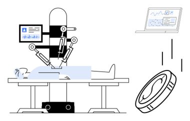 Advanced robotic arms perform surgery on a patient, supported by AI-driven monitors displaying medical data. Ideal for healthcare, medical innovation, technology, AI applications, robotics