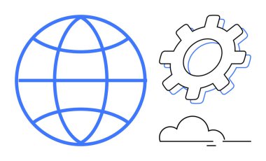 Globe with lines, gear for technology, cloud symbolizing connectivity. Ideal for innovation, globalization, digital strategy, cloud computing, IT infrastructure, networking and system efficiency