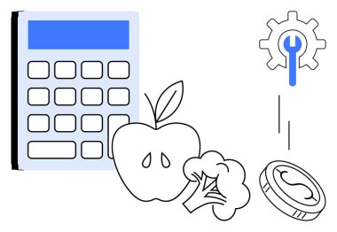Calculator, apple, broccoli, gear with wrench, and dropping coin visualizing cost management, healthy eating, financial planning, self-care efficiency decision-making and sustainability. Simple