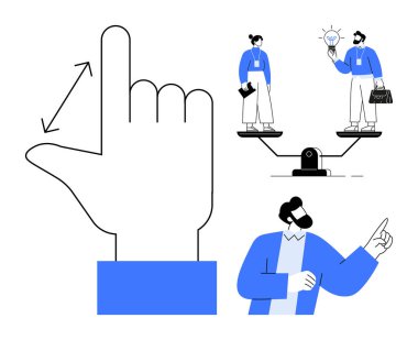 Large hand gesture with measurement arrows, two individuals on a balance scale sharing ideas, and a guiding figure pointing upward. Ideal for teamwork, ideas, decisions, equality, creativity