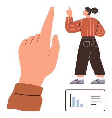 A hand pointing upward, a woman explaining data with gestures, and a bar chart. Ideal for analysis, presentation, data visualization, teamwork, guidance, communication simple flat metaphor