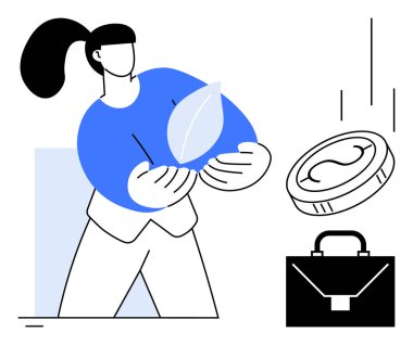 Person holding leaf symbolizing sustainability, accompanied by a coin and briefcase. Ideal for ecology, green business, eco-investment, corporate responsibility, financial growth