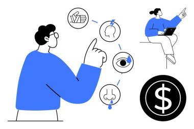 Person analyzing sensory inputs vision, smell, hearing alongside brainstorming ideas with laptop and dollar sign. Ideal for problem-solving, strategy, creativity, finance, decision-making