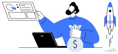 Man showcasing charts and data, holding a money bag, with a rocket taking off. Ideal for business growth, investment, financial success, startups, presentation analytics vision. Simple flat