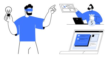 Man with VR headset holding lightbulb, person managing finances at desk, laptop displaying project interface. Ideal for teamwork, innovation, technology, creativity, finance, digital tools simple