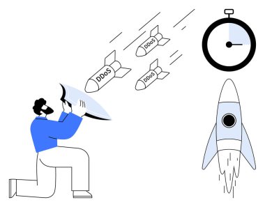 Person defends against incoming DDoS attacks with a shield, rocket represents progress, stopwatch symbolizes urgency. Ideal for cybersecurity, defense, technology, threats, progress, speed