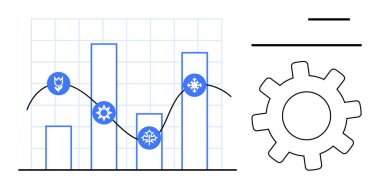 Bar graph marked with seasonal icons, fluctuating trend line, background grid, and gear symbol. Ideal for analytics, statistics, performance, trends process optimization efficiency. Simple flat