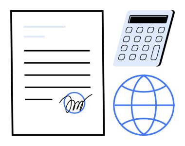 Signed document, calculator, and globe outline highlighting themes of finance, global agreements, calculation, legal binding, paperwork, business compliance. Ideal for business finance global