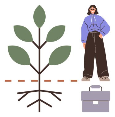 Young woman standing near a simplified tree with visible roots, symbolizing growth and foundation, accompanied by a briefcase. Ideal for business, personal growth, career planning, education